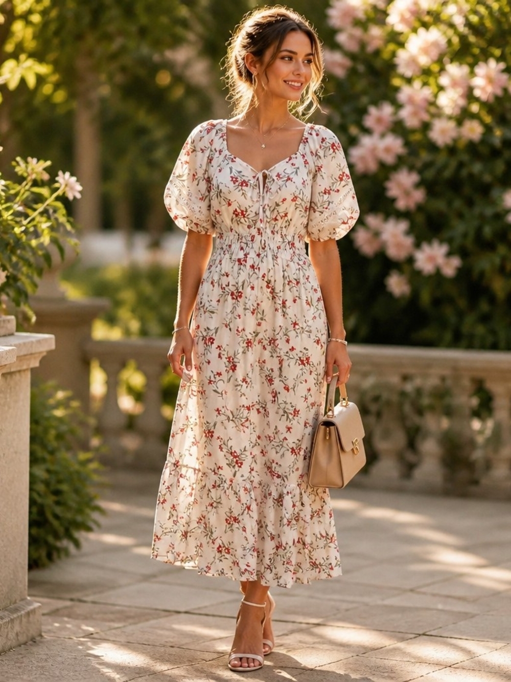 Kindred Bravely Cream Midi Dress with Red Floral Print